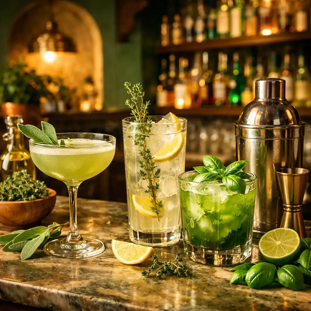 Ambiance du bar à cocktails avec sélection de cocktails aux herbes