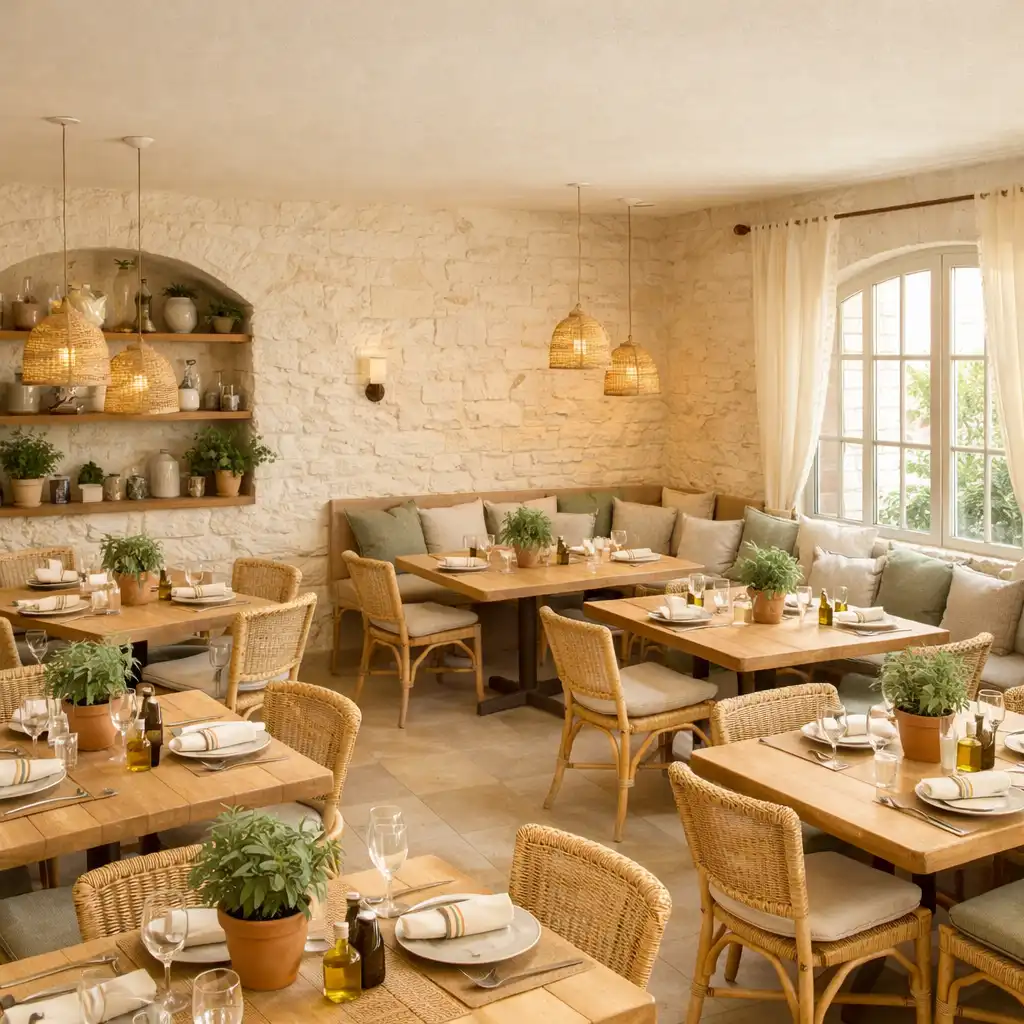 Salle de bistro méditerranéen avec tables en bois clair et lumière naturelle