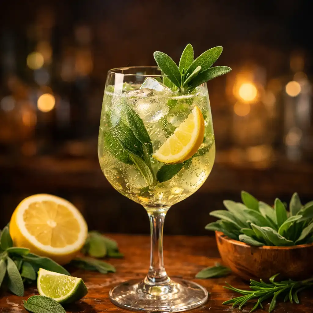 Cocktail artisanal à la sauge fraîche sur un comptoir en bois
