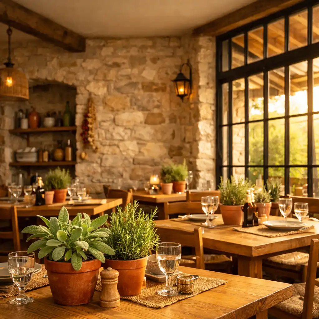 Salle de bistro méditerranéen chaleureuse avec murs en pierre, tables en chêne et herbes fraîches