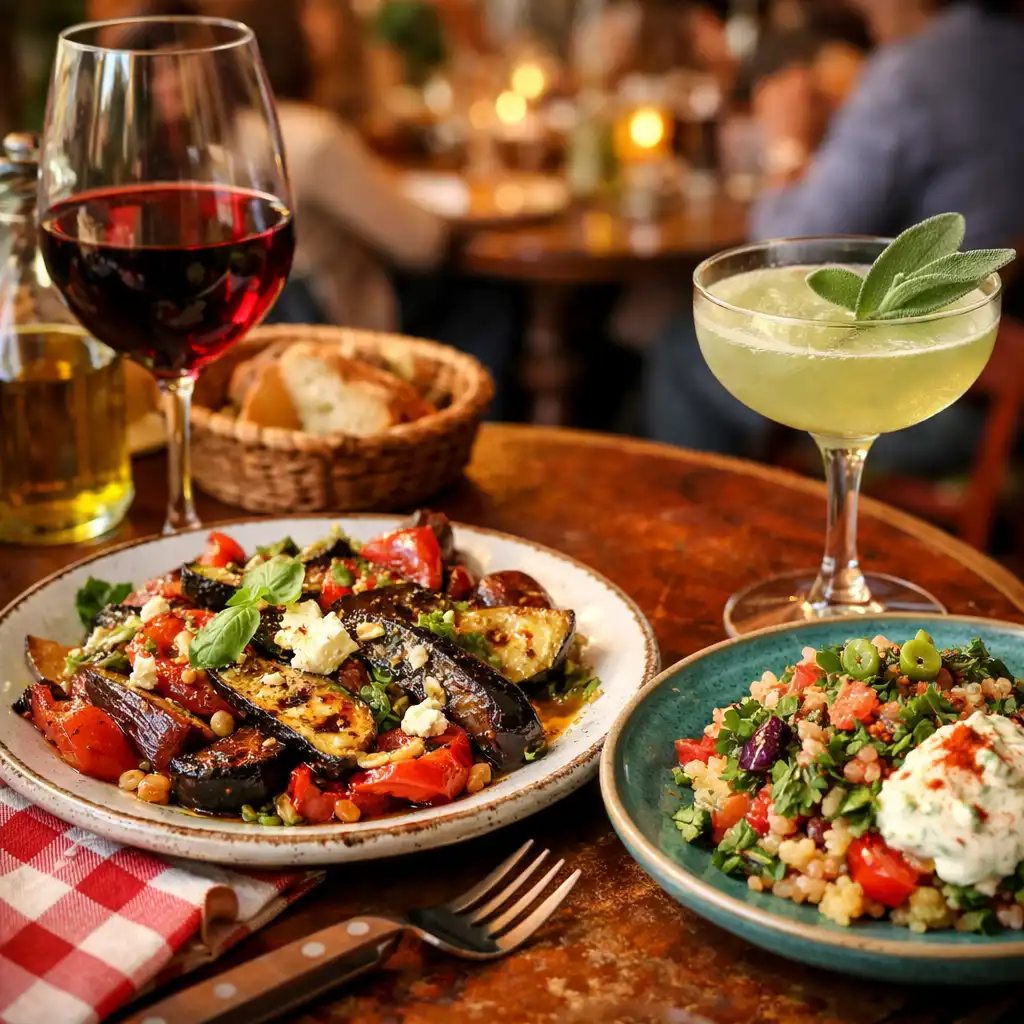 Table de bistro dressée avec cuisine méditerranéenne, verre de vin et cocktail à la sauge