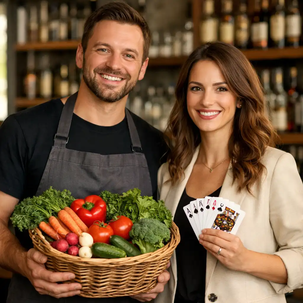 Les deux fondateurs de Comptoir Sauge devant le comptoir, tenant un panier de légumes et un jeu de cartes