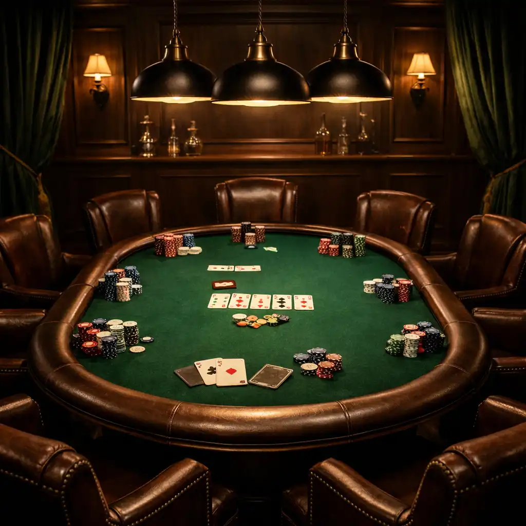 Salon de poker privé élégant avec table ovale en feutre vert, chaises en cuir et éclairage tamisé