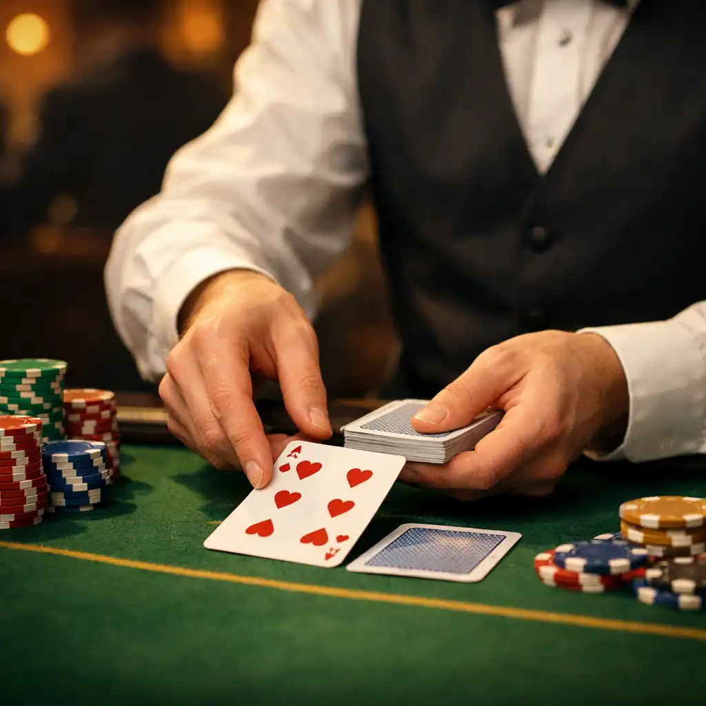 Mains d'un croupier professionnel distribuant des cartes sur une table de poker avec jetons colorés
