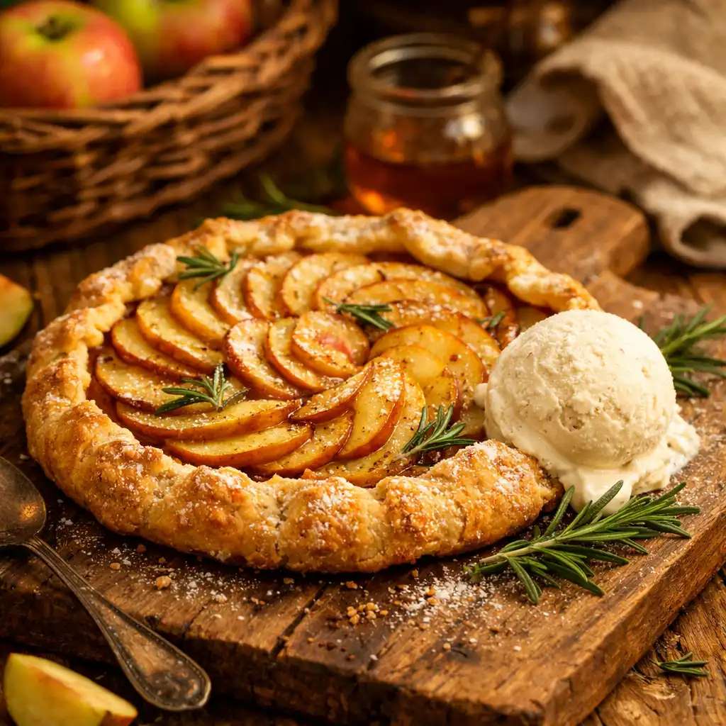Tarte fine aux pommes et romarin, glace vanille