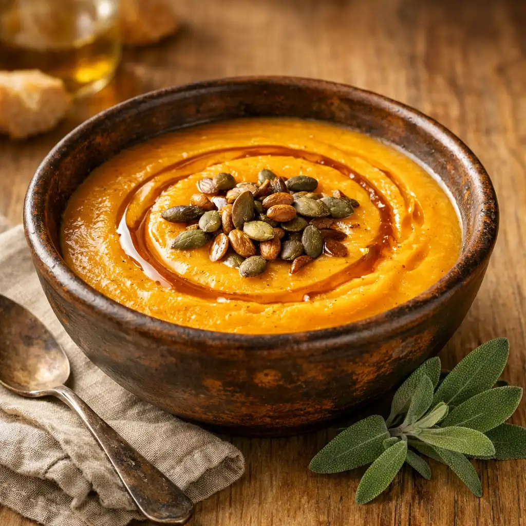 Soupe de courge butternut rôtie avec huile de noisette