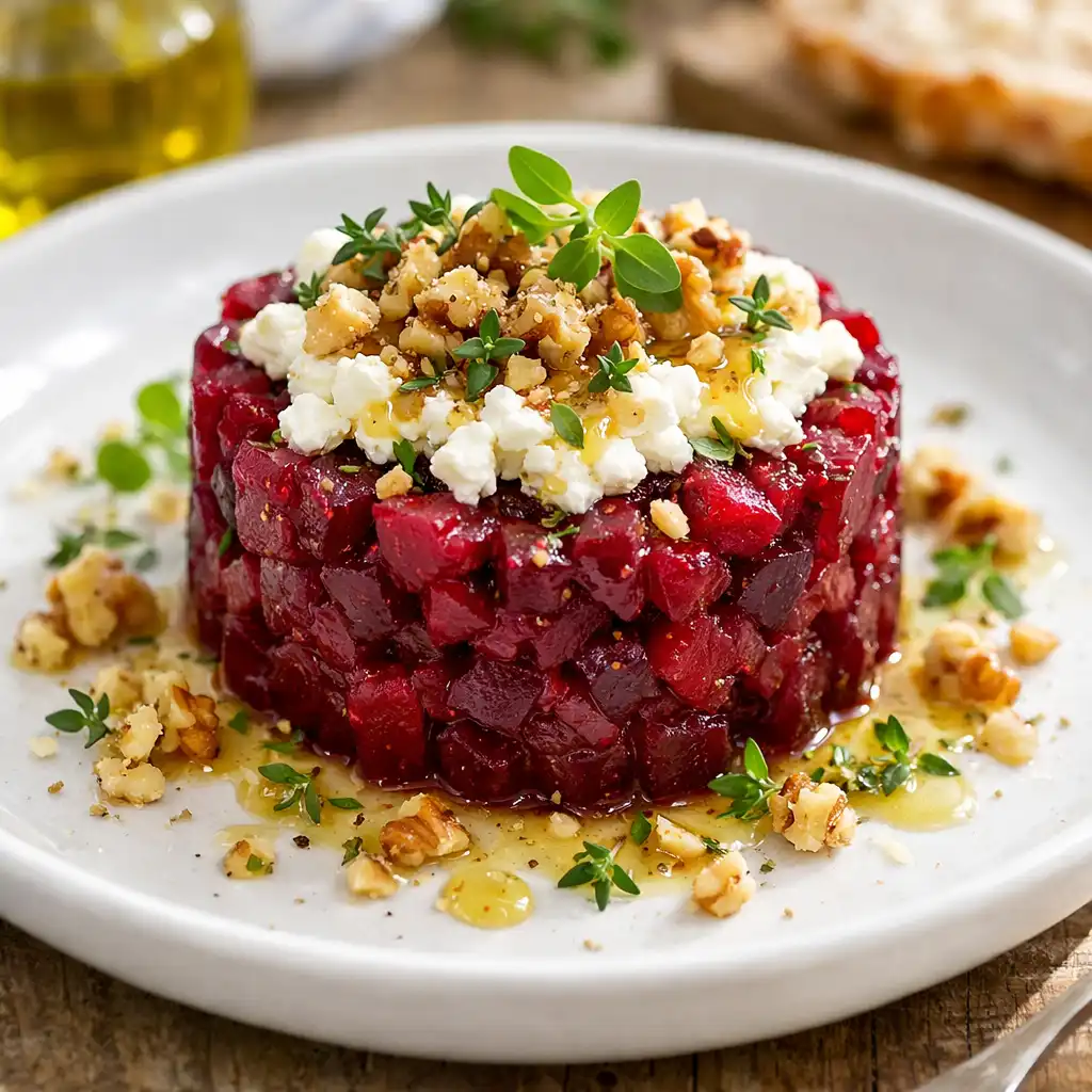 Tartare de betterave, chèvre frais et noix