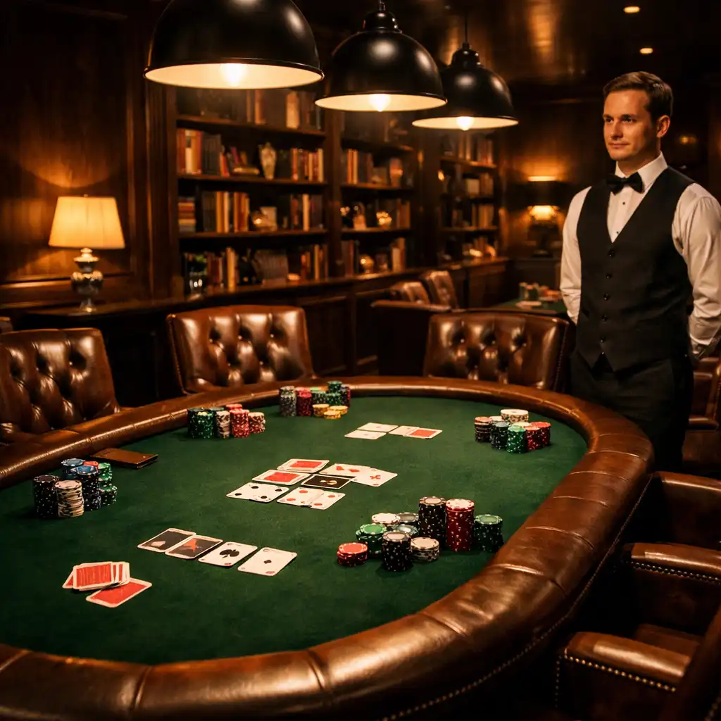 Salon de poker privé élégant avec table de jeu et fauteuils en cuir