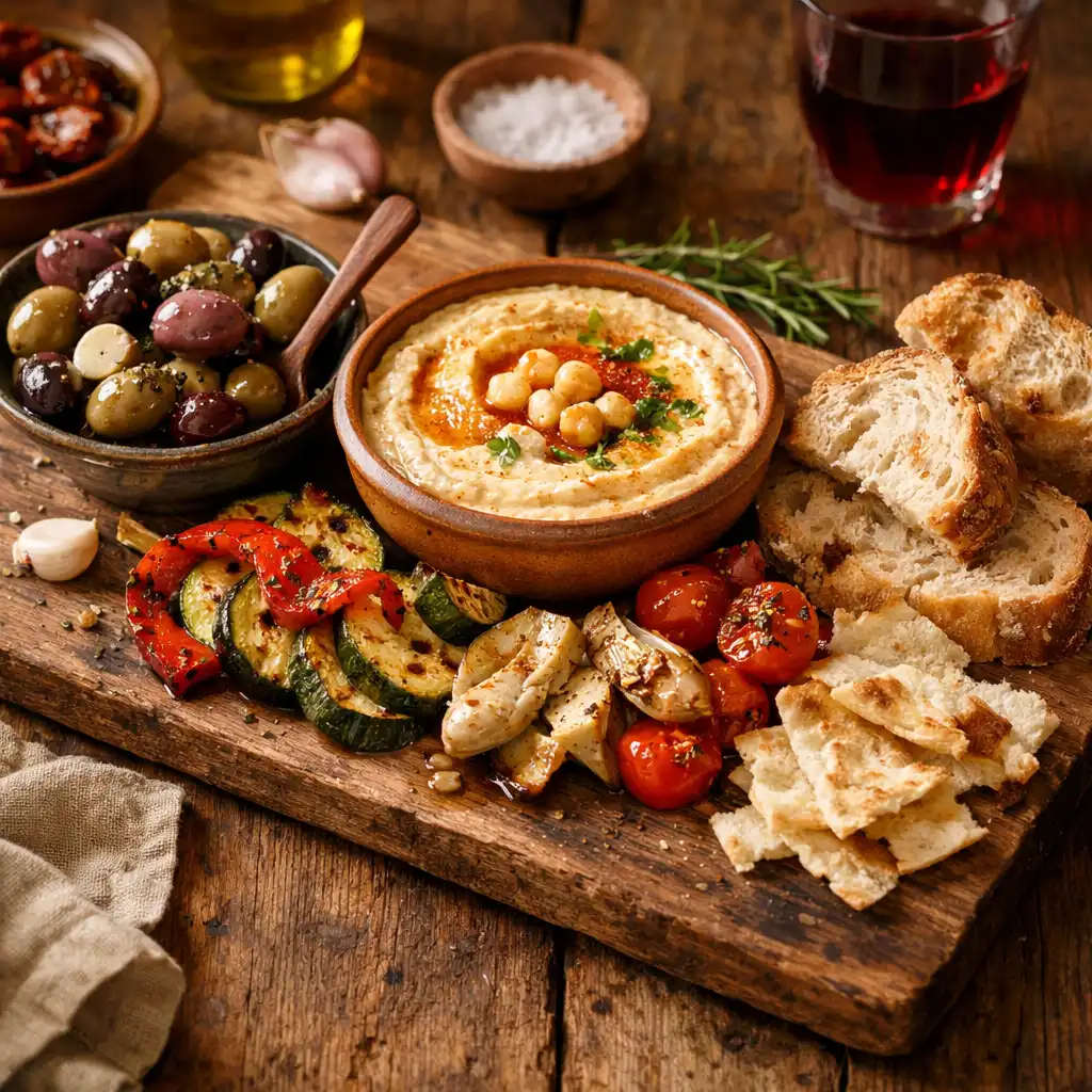 Assortiment d'entrées méditerranéennes sur planche en bois