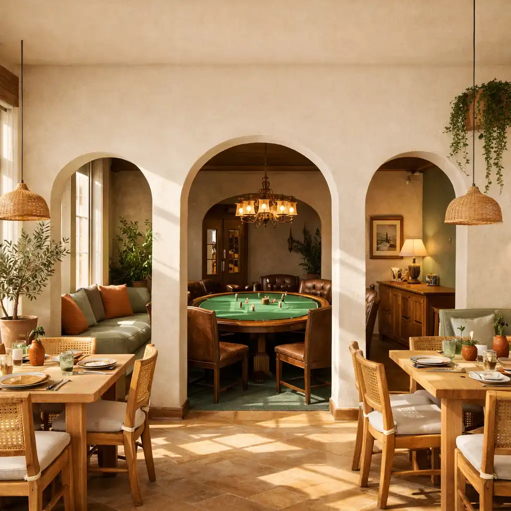 Salle lumineuse du Comptoir Sauge avec tables de bistro et salon de poker au fond