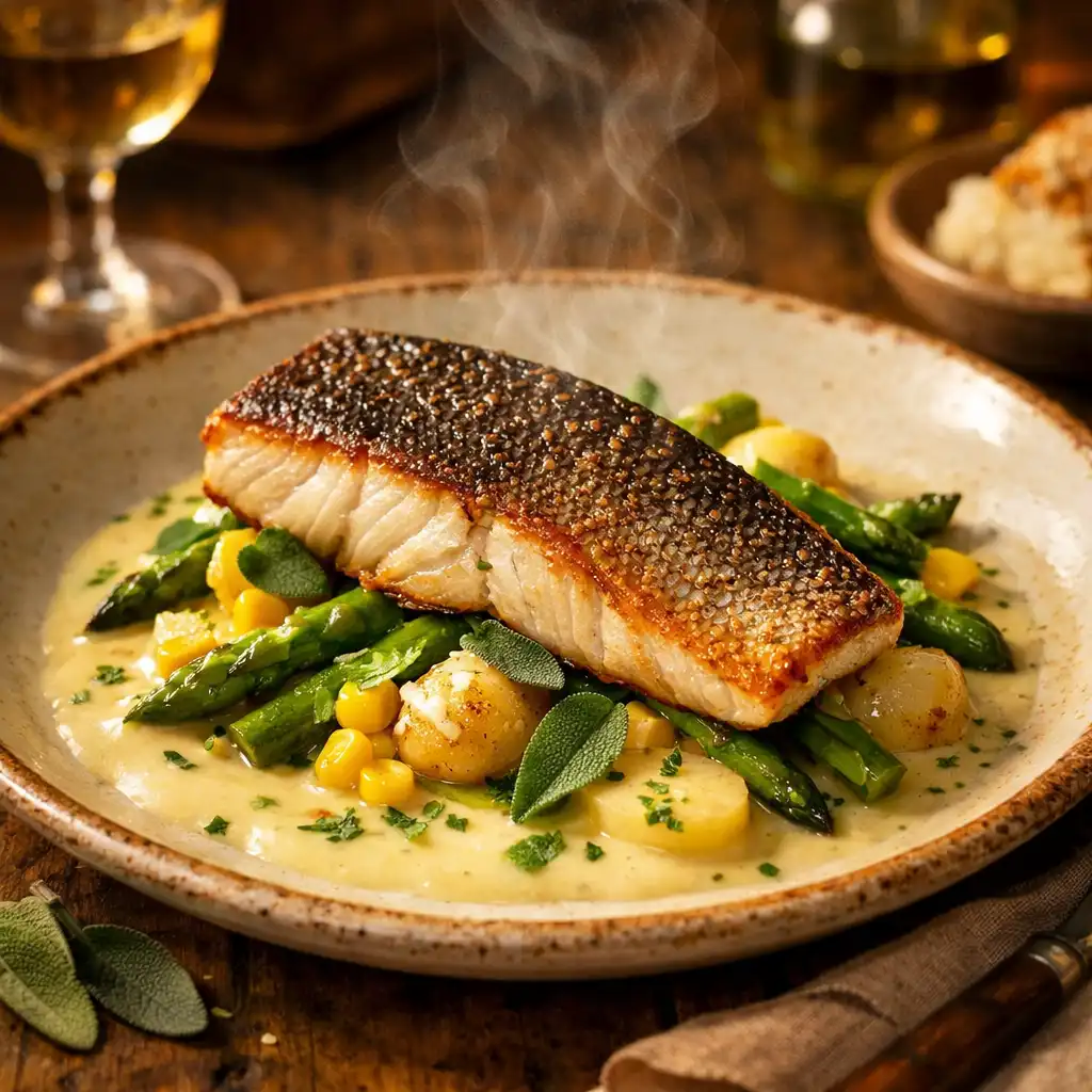 Filet de bar rôti, légumes de saison et beurre blanc à la sauge