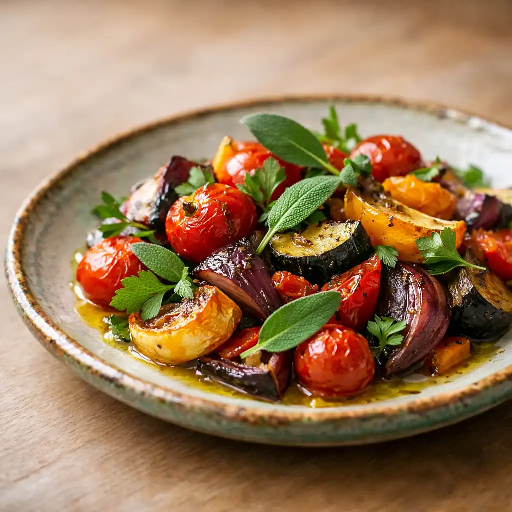 Plat signature méditerranéen avec légumes rôtis et herbes fraîches