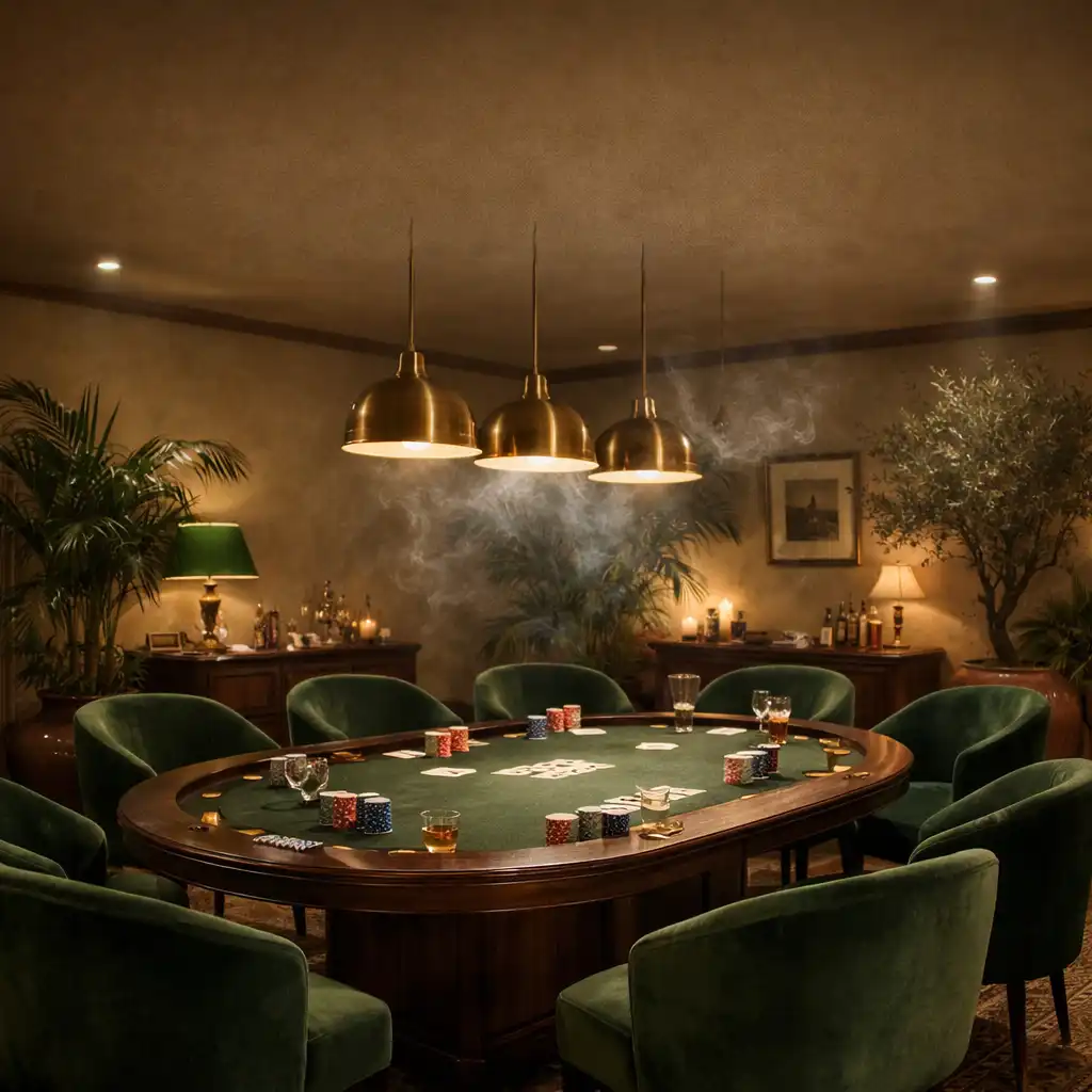 Ambiance feutrée du salon de poker privé avec table en bois sombre, suspensions en laiton et plantes méditerranéennes