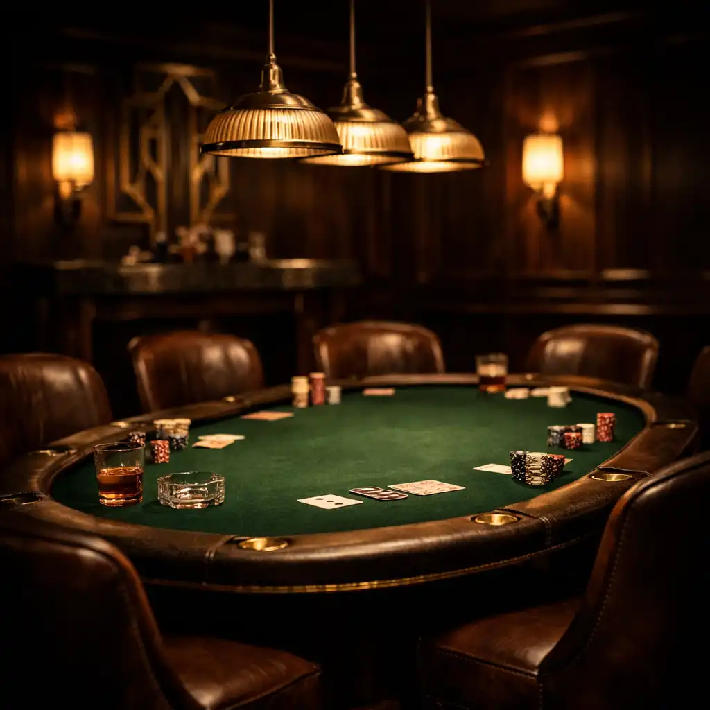 Salon de poker privé avec table ovale en feutre vert et éclairage tamisé