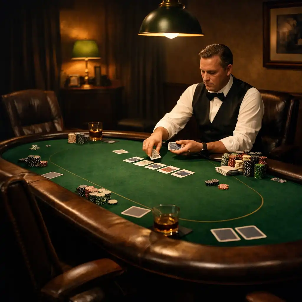 Salon de poker privé avec table de Texas Hold'em et croupier professionnel