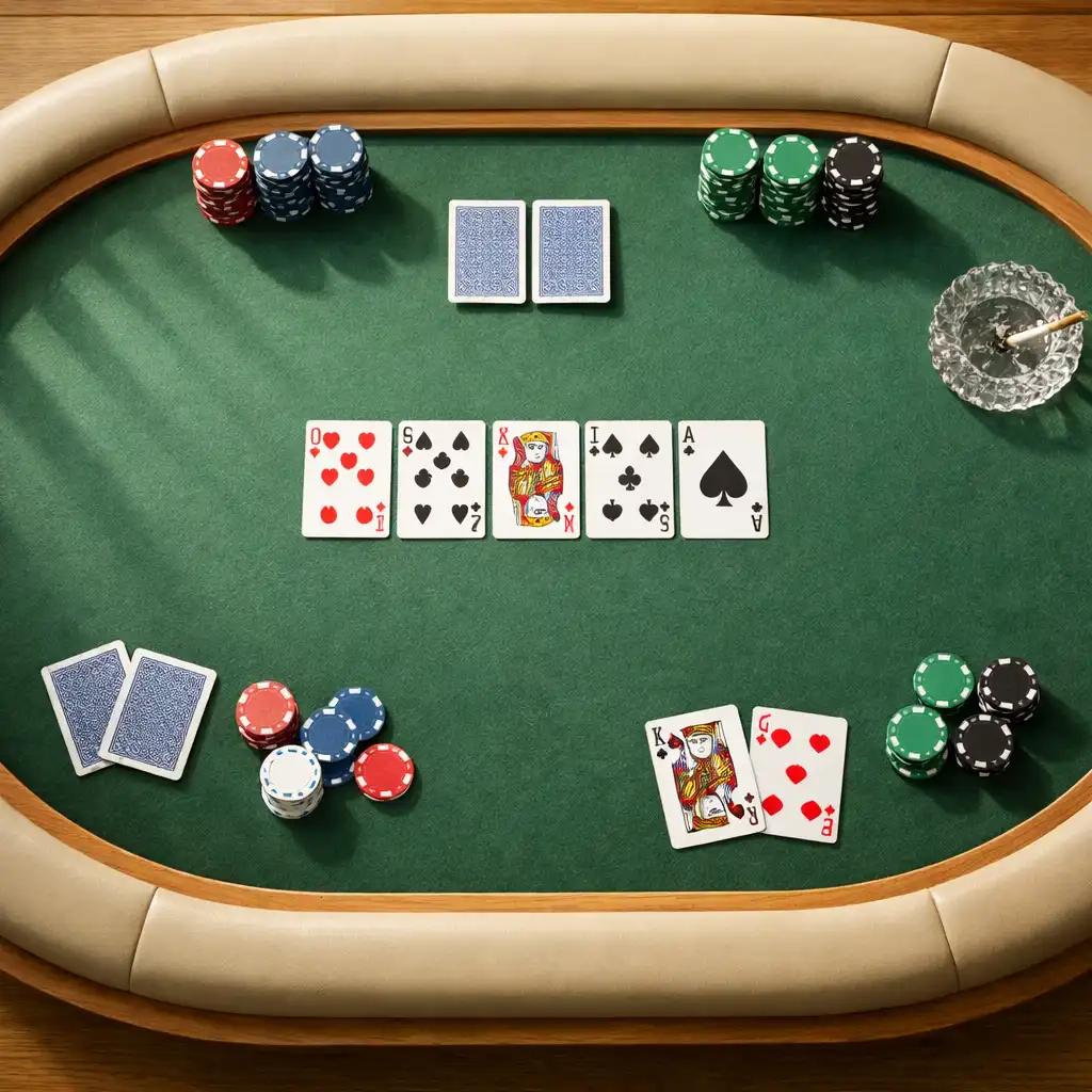 Vue de dessus d'une table de poker ovale avec tapis vert, jetons empilés et cartes étalées